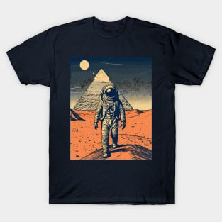 Vintage Retro Astronaut in Alien World Space Pyramid Illustration T-Shirt